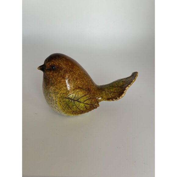 Pottery Fat Brown Bird Figure With Leaf Shaped Wings & Tail Sitting On A Leaf - Picture 10 of 13